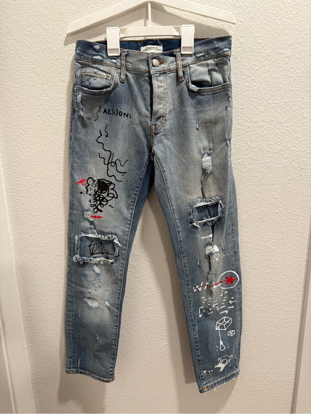 Zara Light Blue Slim Straight Jeans with Graphic Doodles